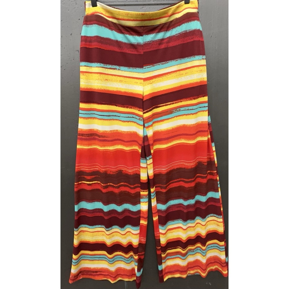 Women Pants L Orange Striped‎ Stretchy Wide Leg Boho Hippie Retro Festival